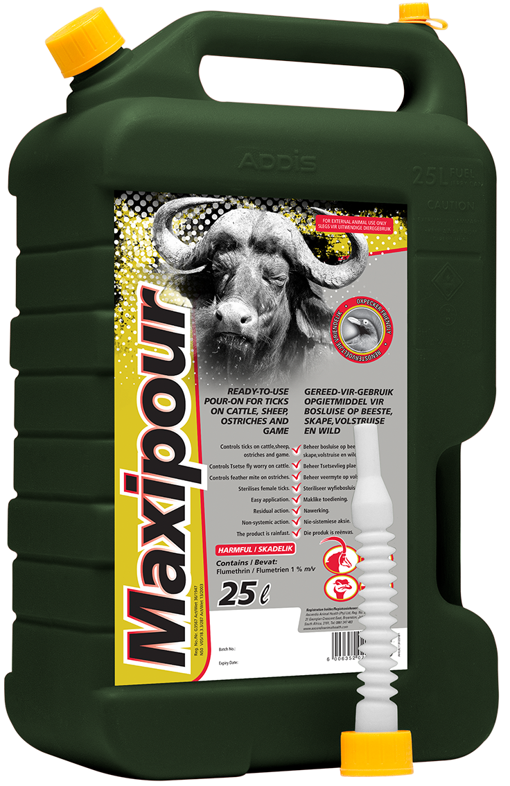 Ready-to-use pour-on for ticks on cattle, sheep, ostriches and game.