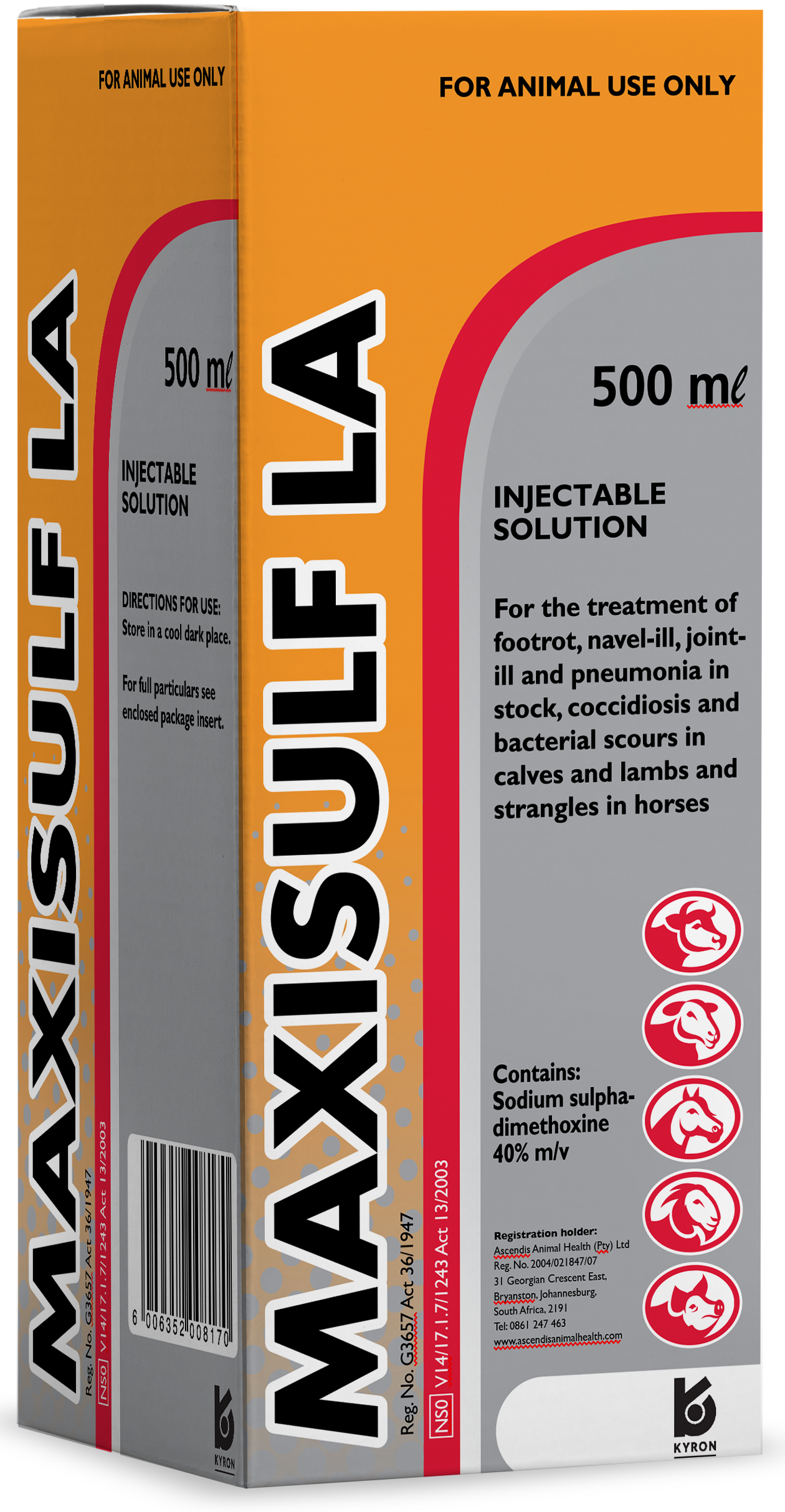 Injectable solution for the treatment of foot rot, navel-ill, oint-ill and pneumonia in stock, coccidiosis and bacterial scours in calves and lambs and strangles in horses.