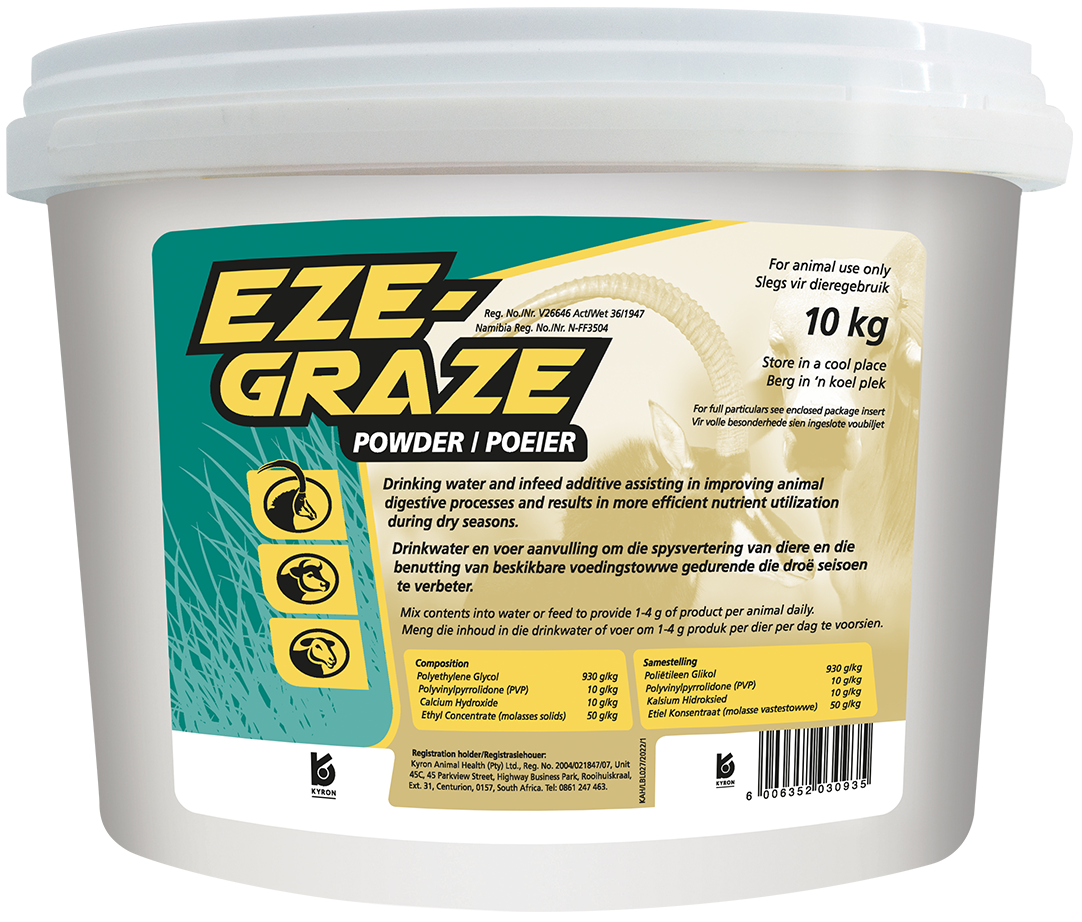 Drinking water and infeed additive assisting in improving animal digestive processes and results in more efficient nutrient utilization during dry seasons.