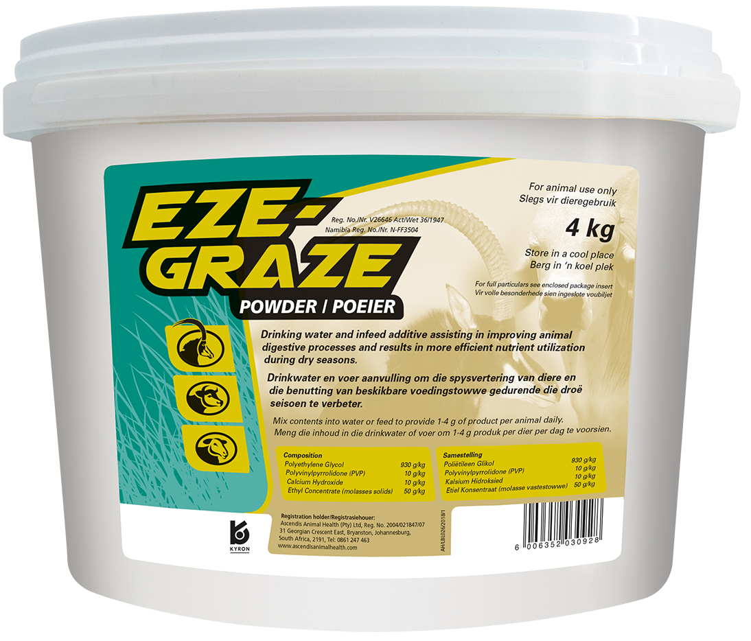 Drinking water and infeed additive assisting in improving animal digestive processes and results in more efficient nutrient utilization during dry seasons.