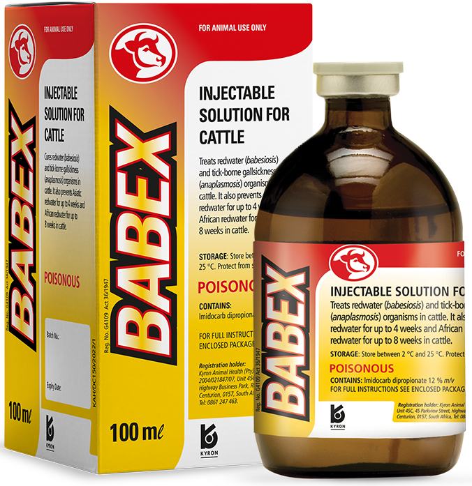 Injectable solution for cattle. Cures Redwater (babesiosis) and tick-borne gall sickness (Anaplasmosis) organisms in cattle. It also prevents Asiatic redwater for up to 4 weeks and African redwater for up to 8 weeks.