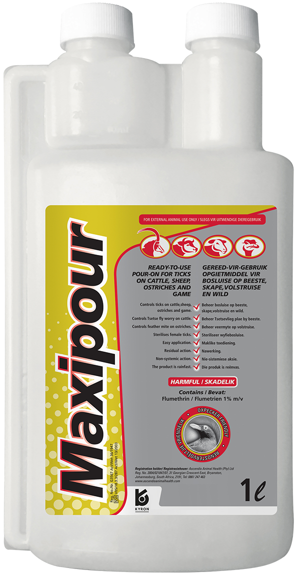 Ready-to-use pour-on for ticks on cattle, sheep, ostriches and game.