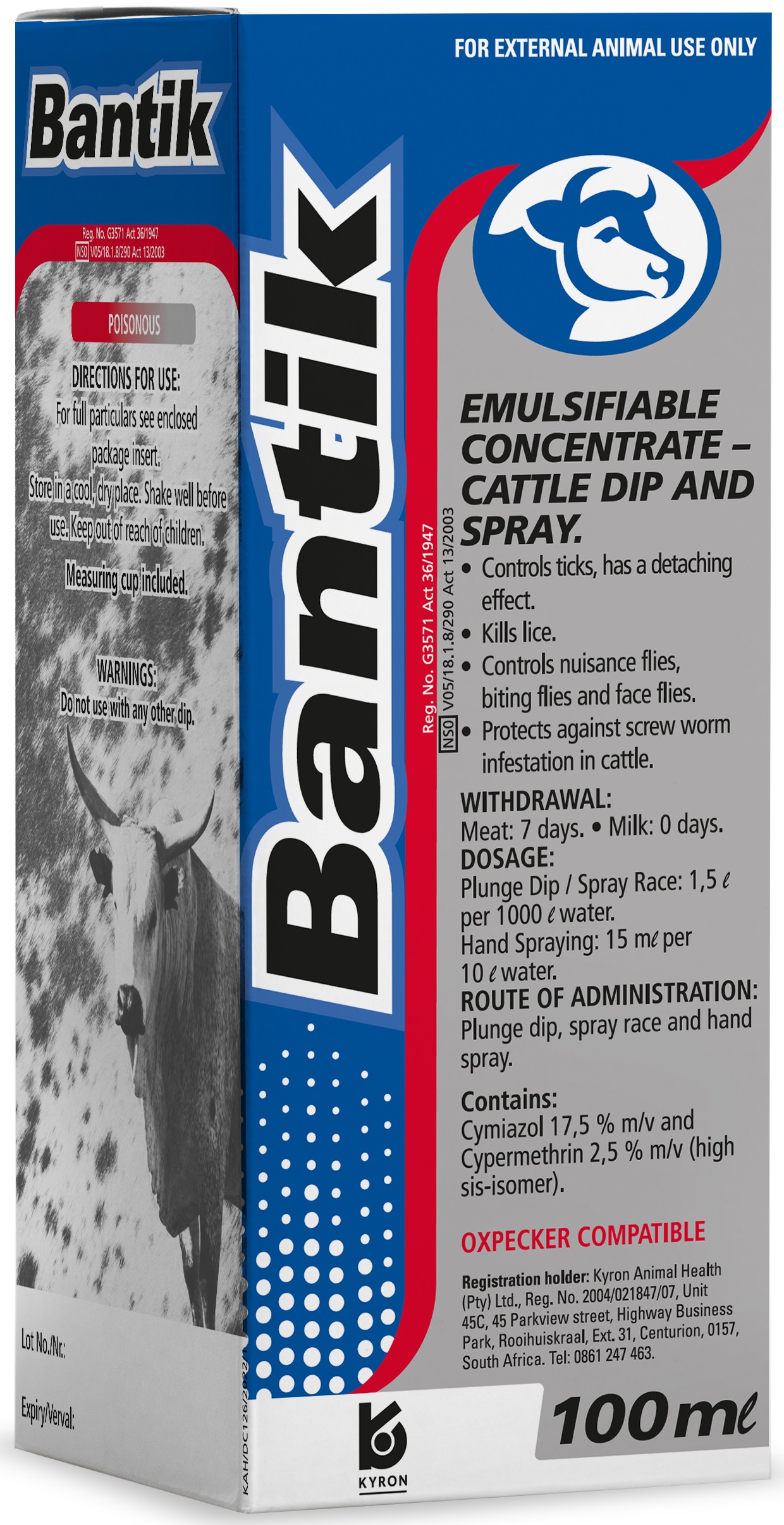 Emulsifiable concentrate that controls ticks, kills lice, controls nuisance-, biting- and face flies and protects against screw-worm infestations in cattle.