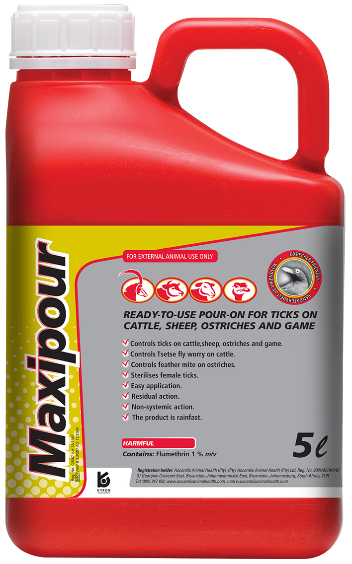 Ready-to-use pour-on for ticks on cattle, sheep, ostriches and game.