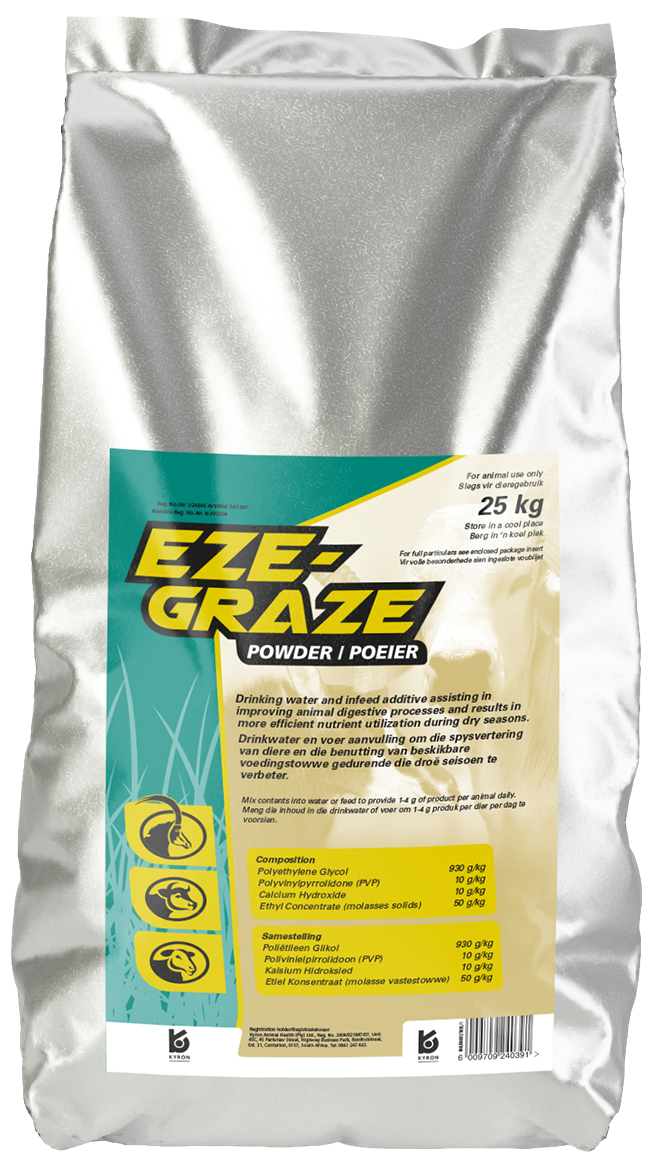 Drinking water and infeed additive assisting in improving animal digestive processes and results in more efficient nutrient utilization during dry seasons.