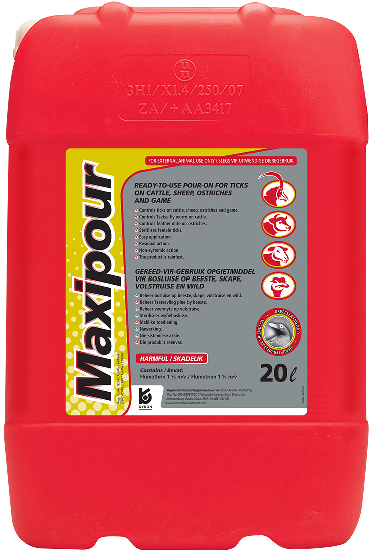 Ready-to-use pour-on for ticks on cattle, sheep, ostriches and game.