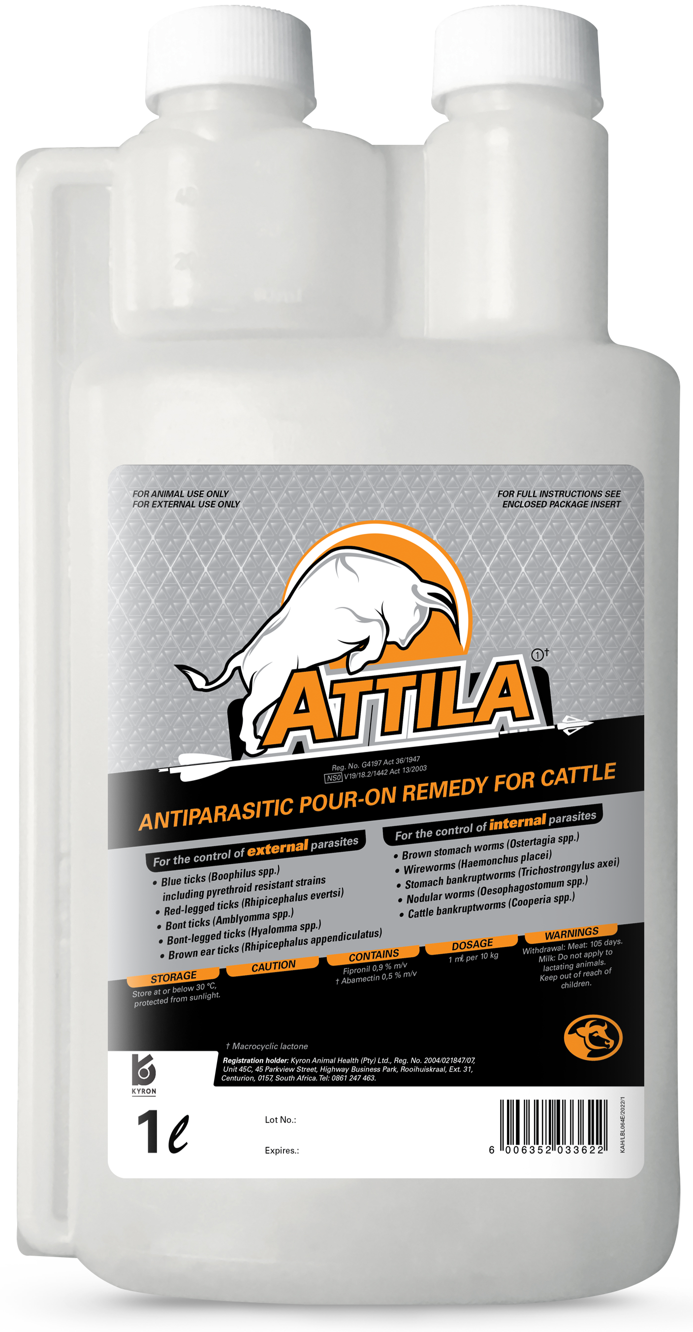 For the control of external and internal parasites. Total tick control against blue ticks and multihost ticks, with registered Residual action. Tested and registered against pyrethroid resistant blue ticks. Broad spectrum roundworm control. Contains new tickicide group and active ingredient (Fipronil), registered for tick control on cattle in SA. Unique combination of two active ingredients, Fipronil and Abamectin.