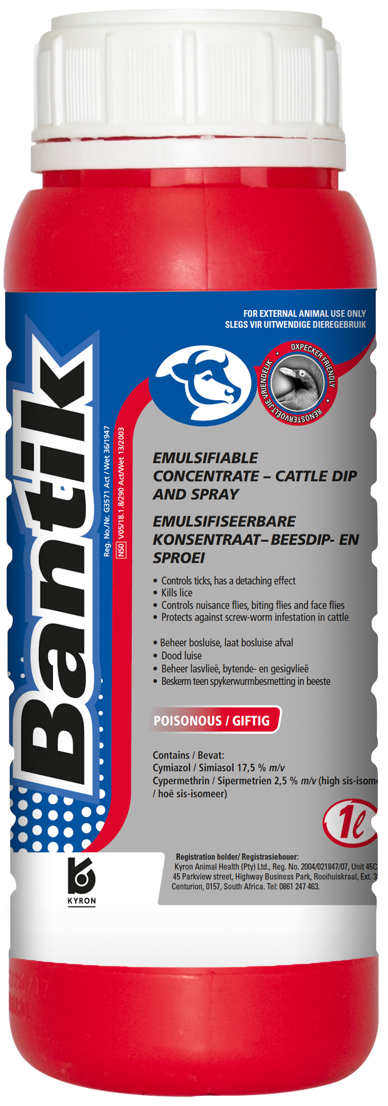 Emulsifiable concentrate that controls ticks, kills lice, controls nuisance-, biting- and face flies and protects against screw-worm infestations in cattle.