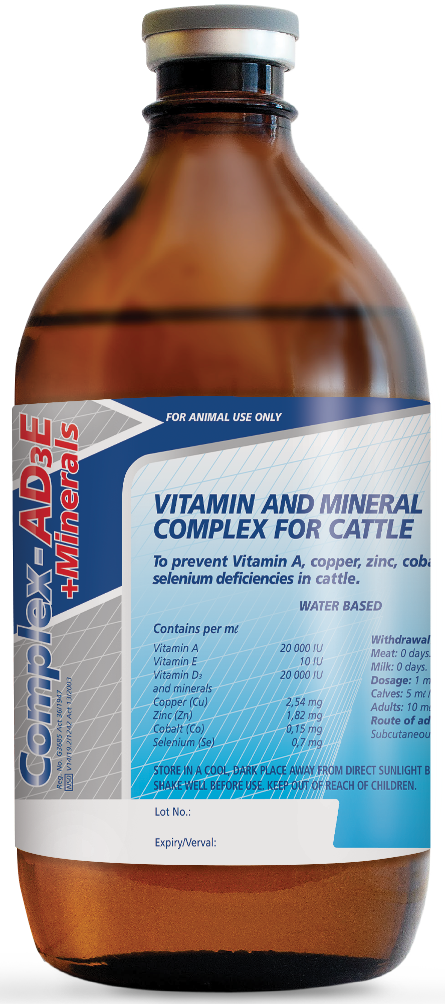 Vitamin and mineral complex for cattle to prevent vitamin A, copper, zinc, cobalt and selenium deficiencies.