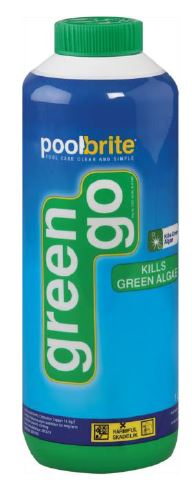 Kills a wide range of algae species & prevents resistant algae. Improved water charity. Does not cause staining. Excellent for pools and spas with spa jets, attached fountainsand waterfalls. Can be applied after shock treatments. One bottle of Green Go (1L) per 50,000 L pool water.