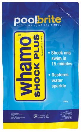 450g bag of Whamo Shock Plus treats up to 50,000 L. Swim within 15 minutes. Clears dull water. No residue, wont cloud water. Algae free water.