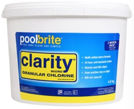 1 capful (150g/50,000 L) every second day or as often as needed to maintain a chlorine residual of 1 3ppm. Sanitiser, Clarifier, Water enhancer, Algae Killer & Oxidiser. Long lasting maintenance chlorine for healthy, clear water. Apply anytime, day or night. Saves money. Less pool acid required. Safer to transport and store.