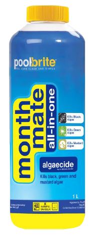 Kills a wide range of algae species. Fast acting, highly effective. Won't kill grass or shrubs. Won't stain surfaces. One bottle of Month Mate All In One Algaecide (1L) per 40,000 L pool water.