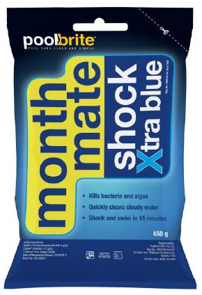 Swim within 15 minutes. Clears dull water. No residue, wont cloud water. Algae free water, does not cause staining. 450g bag of Month Mate Shock Xtra Blue treats up to 50,000 L.