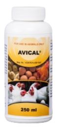 Avical is a unique blend of calcium, phosphorus and magnesium along with Vitamin A, D3 and B12 also fortified with trace minerals. It assists in avoiding vitamin and mineral deficiencies. In layers it assists in preventing stunted skeletal development, cage layer fatigue, weak egg shells and poor growth. Dosage is 2 ml per litre of drinking water.