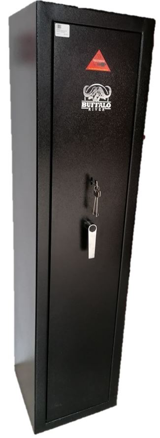 7 Gun Silver Series. The secure Buffalo River Silver Series Safes meets and surpasses SABS standards. With their 6mm thick doors & 3mm thick walls and anti-jemmy door design constructed out of solid steel. The safes feature five locking bolts with eight locking lugs and high security key lock. The interior has lockable storage, cleaning rod holders, rubber gun rack and carpet finish. For easy installation, mounting holes comes standard with mounting bolts. The exterior features a rugged black powder coat finish with a silver logo and robust handle. You will be safe with each turn of the positive feedback locking system every time you open and close your safe. The 7-Gun safe is 1530x380x430mm and 80kg.