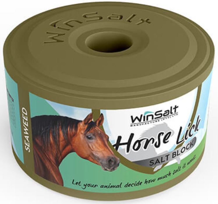 A salt lick treat for horses, containing seaweed. This salt lick is based on Winsalt Pure Salt Lick.Seaweed provides a rich source of minerals, trace elements and amino acids, making it the natural choice supplement to help maintain the health and performance of livestock on forage diets. Seaweed proves a rich source of bioavailable minerals, especially iodine, and has traditionally been used in thyroid support. Seaweed is fed to horses and ponies with cresty necks, and can aid normal fat distribution. The dark green colour of the block is for identification purposes.