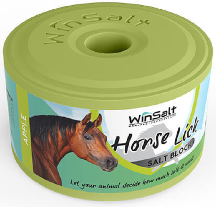 An apple-flavoured salt lick treat for horses. This salt lick is based on Winsalt Pure Salt Lick. Apple flavour is added to the block to make it more palatable and attractive to horses. The light green colour of the block is used for identification purposes.