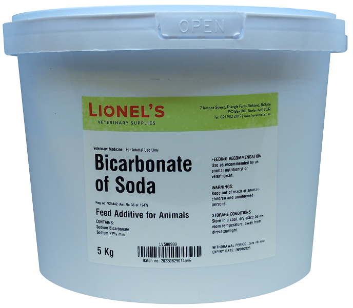 For animal use only. Feed additive for animals. Contains: Sodium bicarbonate, sodium 27% min. Use as recommended by an animal nutritionist or veterinarian. Withdrawal period: zero (0) days. Keep out of reach of animals, children and uninformed persons. Store in a cool, dry place below room temperature, away from direct sunlight.