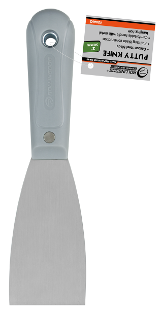 Putty Knife 50mm. 50mm. Carbon steel blade. Full tang blade construction. Comfortable handle with metal hanging hole.