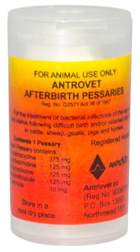 A pessary for the treatment of bacterial infections of the vagina and uterus following difficult birth and/or retained afterbirth in cattle, sheep, goats, pigs and horses.