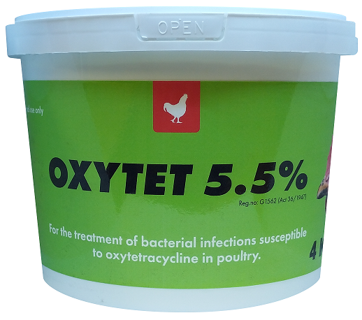 For animal use only. Oral treatment of bacterial infections sensitive to oxytetracycline in poultry. Contents: Oxytetracycline 5.5%. Directions for use: 2g per 1lt of drinking water. Withdrawal period: Meat (7 days).