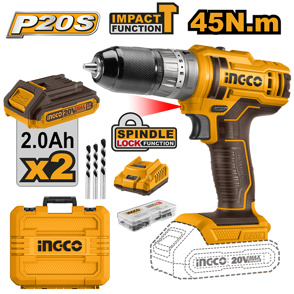 Cordless Drill 20V PS+ Impact 45NM 50P Kit Ingco