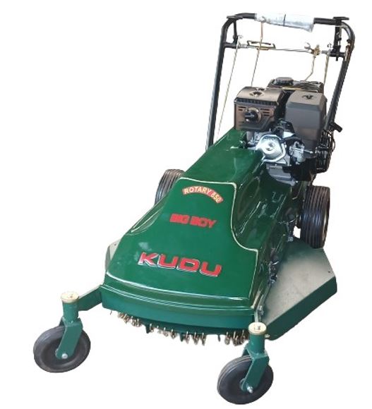 Kudu Heavy Duty walk-behind industrial lawn mower with Power Pro 1500 petrol engine that delivers 11.25kw (15hp). Width of grass cutter is 850mm and height of cut is adjusted by handlebar mounted lever and range from 12mm to 75mm in 4-positions, The Kudu Lawn mower comes with a belt driven 2-speed gearbox and speed range between 3,3 and 6 kph. Power Pro 1500H 15hp OHV 4-stroke oil cooled automatic low oil level protection. 3 swing back blades on a 4mm disk. Kudu 850 have been designed and manufactured to cut large area's of lawn, up to a maximum cutting area of around 10000 square meters. Powder coated steel chassis with electroplated components. Front wheels have Castor dual bearings, and rear wheels have wide solid tyre with split rims. V- belt drive to gearbox and cutter drive. Simple belt drive system from engine to deck. Convenient removeable top cover allows for easy access for maintenance. Powder coated steel chassis with galvanised components. Trailing seat can be fitted.