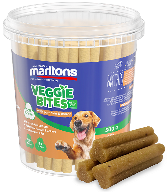 Indulge your dog with Marltons Veggie Bites. Made with real pumpkin and carrot, and infused with an irresistible smokey flavour. These soft and chewy snacks go beyond just pet treats. Pumpkin and carrots are superfoods known for their potassium content. Ideal for curbing hunger between meals, aiding in training, and expressing love, these snacks offer a nutritious and delicious treat.