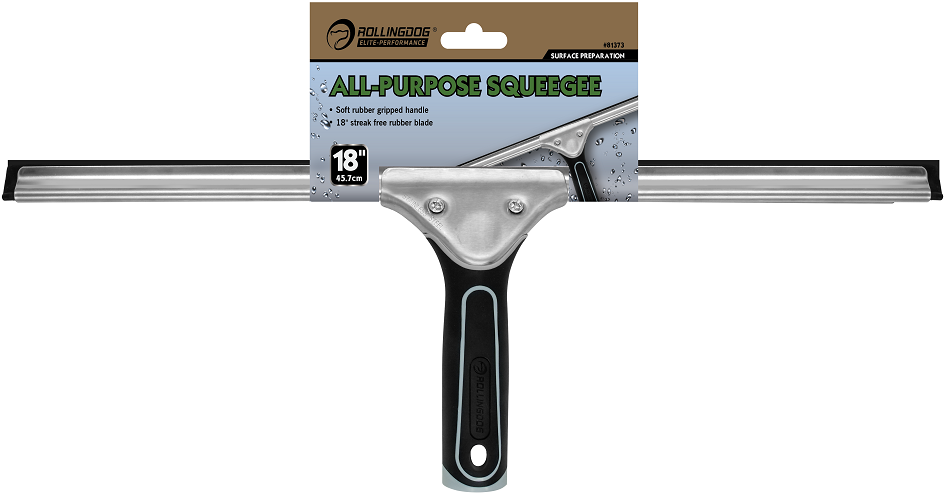 All-Purpose Squeegee. Size:460mm. Soft rubber gripped handle. 12" streak free rubber blade. Stainless steel clip with rubber blade. Squeegee works great on any smooth surfaces. Plastic handle can be attached to tapered end extension pole. Works best with ROLLINGDOG Secure-Click extension poles.