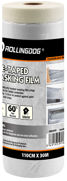 PRE-Taped Masking Film. Size:110cm*30m. 6 days Clean Removal. 60 ? Heat Resistant. Electrostatically treated masking film clings to surfaces for better protection. Unfolds to 110cm to protect against paint splatters and drips.