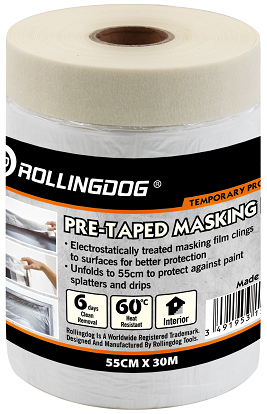 PRE-Taped Masking Film. Size:55cm*30m. 6 days Clean Removal. 60 °C Heat Resistant. Electrostatically treated masking film clings to surfaces for better protection. Unfolds to 55cm to protect against paint splatters and drips.