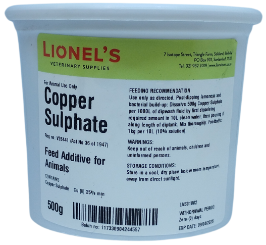 "For animal use only. Feed additive for animals. Contains copper sulphate; Cu (II) 25% min. Use only as directed. Keep out of reach of animals, children and uninformed persons. Store in a cool, dry place below room temperature, away from direct sunlight. Withdrawal period: zero (0) days."