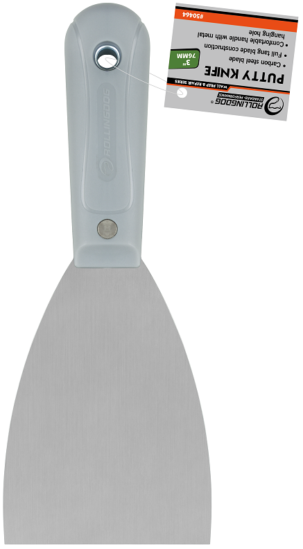 Putty Knife 75mm. 76mm. Carbon steel blade. Full tang blade construction. Comfortable handle with metal hanging hole.