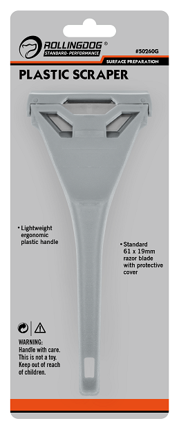 Plastic Scraper. 61mm Blade with Protective cover. Blade is set at perfect angle to scrape junk off surfaces without scratching. 61 x 19mm standard razor blade can be replaced.