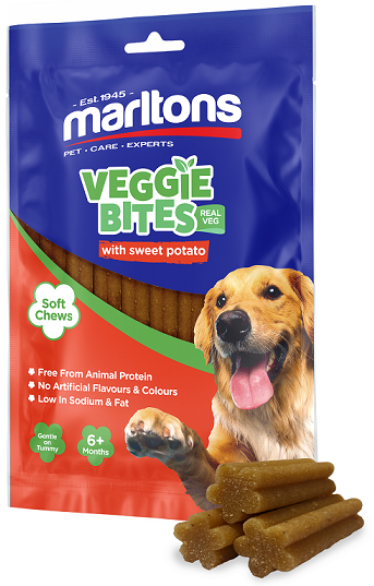 Nourish your dog with the wholesome goodness of Marltons Veggie Bites. Made with real sweet potato, and infused with an irresistible smokey flavour, these soft and chewy bites are more than just treats  they're a nutritious snack. Sweet potatoes are an excellent source of dietary fibre, antioxidants, and iron. Perfect for curbing hunger between meals, aiding in training, and expressing love, these 100g packs offer a tasty and health-conscious reward.