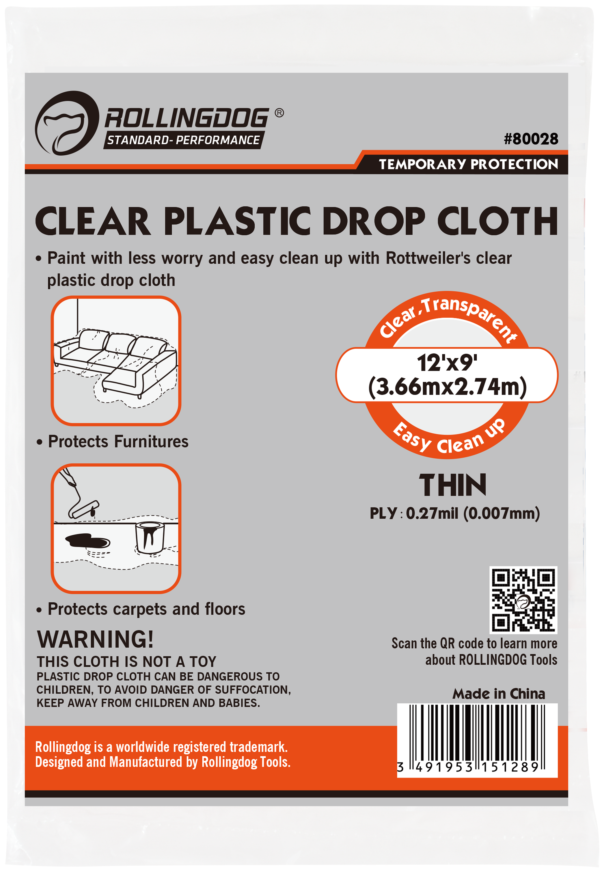 Clear Plastic Drop Cloth. Size:3.60m x 2.70m. PLY:0.27mil (0.007mm). 7 micron. Protects Furnitures. Protects carpets and floors.