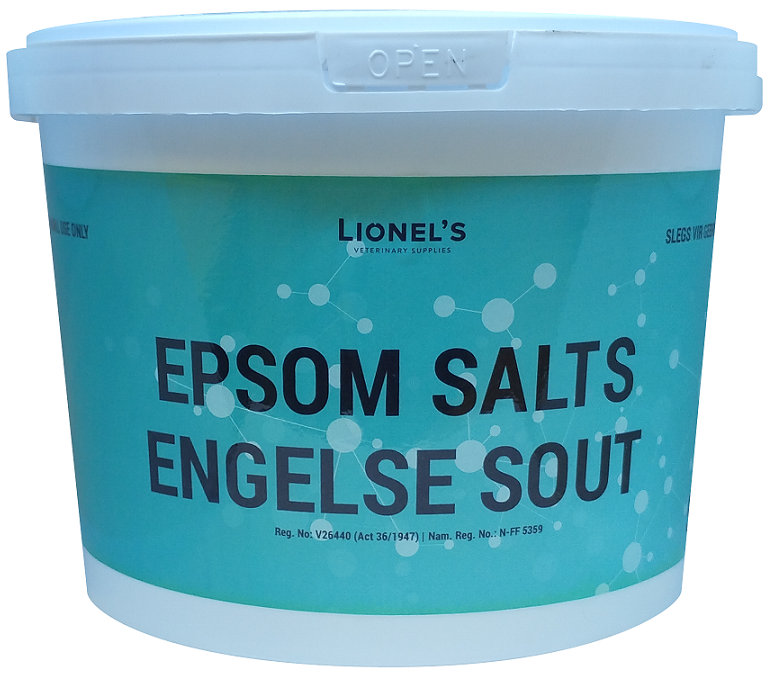 Nutritional feed additive for animals. Contains: Magnesium sulphate 99% min. (Magnesium 20% min; Moisture 0%) For animal use only. Keep out of reach of children, animals, and uninformed persons. Store in a cool, dry place below room temperature, away from direct sunlight. Withdrawal period: zero (0) days. Feeding recommendation: Use as advised by an animal nutritionist or veterinarian as per custom inclusion range and Act 36 regulations.