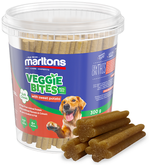 Nourish your dog with the wholesome goodness of Marltons Veggie Bites. Made with real sweet potato, and infused with an irresistible smokey flavour, these soft and chewy bites are more than just treats  they're a nutritious snack. Sweet potatoes are an excellent source of dietary fibre, antioxidants, and iron. Perfect for curbing hunger between meals, aiding in training, and expressing love, these 100g packs offer a tasty and health-conscious reward.