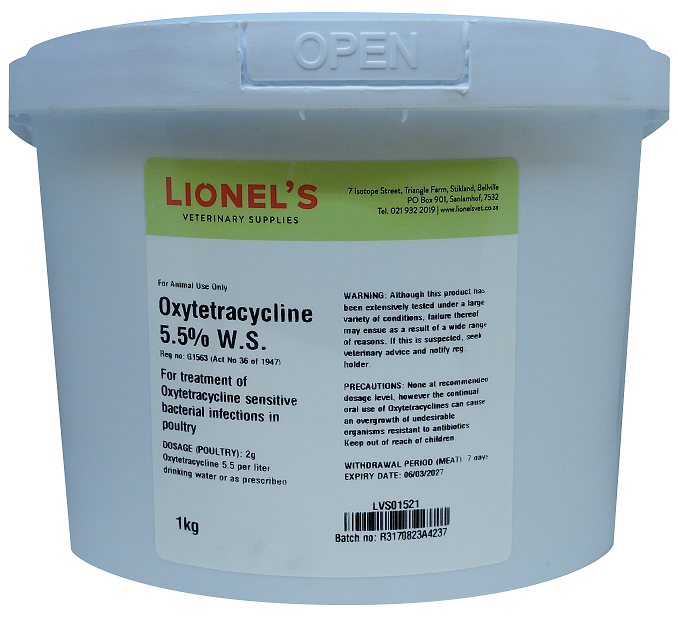 For animal use only. Oral treatment of bacterial infections sensitive to oxytetracycline in poultry. Contents: Oxytetracycline 5.5%. Directions for use: 2g per 1L of drinking water. Withdrawal period: Meat (7 days)