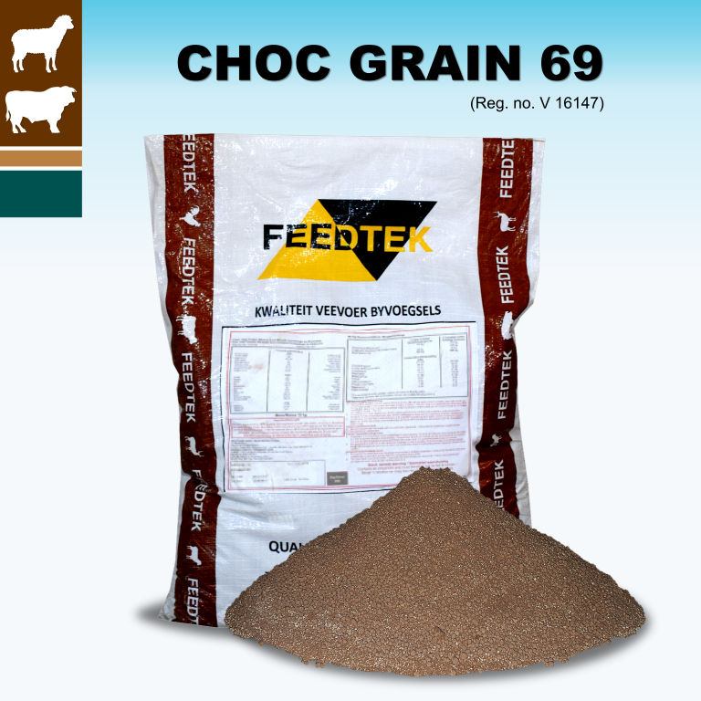 A protein mineral trace mineral vitamin concentrate for home mixing of chocolate grains. The most concentrated chocolate grain concentrate on the market. Contains hydrated lime giving best adhesive and excellent buffer. Contains ionophores which prevents digestive disorders and improves feed conversion. Contains ammonium salts which prevents urinary calculi (stones) in small stock. Visit www.feedtek.co.za for mixing recipes and feeding recommendations.