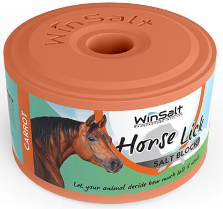 A carrot-flavoured salt lick treat for horses. This salt lick is based on Winsalt Pure Salt Lick. Carrot flavour is added to the block to make it more palatable and attractive to horses. The orange colour of the block is used for identification purposes.