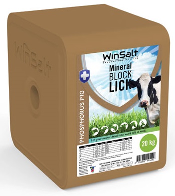 A salt lick treat for bovine, equine, ovine and game. This salt lick is based on WinSalt Pure Salt lick. Other ingredients are added to supplement livestock with the necessary trace minerals. For recommendations for use, please consult your animal nutritionist or veterinarian.