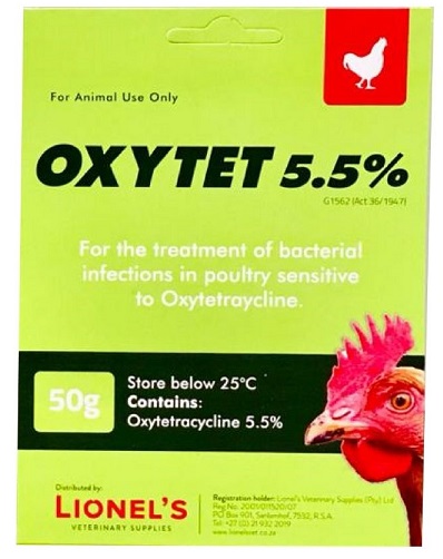 For animal use only. Oral treatment of bacterial infections sensitive to oxytetracycline in poultry. Contents: Oxytetracycline 5.5%. Directions for use: 2g per 1lt of drinking water. Withdrawal period: Meat (7 days).