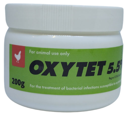 For animal use only. Oral treatment of bacterial infections sensitive to oxytetracycline in poultry. Contents: Oxytetracycline 5.5%. Directions for use: 2g per 1L of drinking water. Withdrawal period: Meat (7 days).