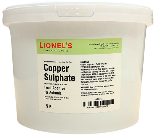 For animal use only. Feed additive for animals. Contains copper sulphate; Cu (II) 25% min.Use only as directed. Keep out of reach of animals, children and uninformed persons. Store in a cool, dry place below room temperature, away from direct sunlight. Wi