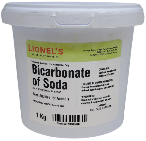 "For animal use only. Feed additive for animals. Contains: Sodium bicarbonate, sodium 27% min. Use as recommended by an animal nutritionist or veterinarian. Withdrawal period: zero (0) days. Keep out of reach of animals, children and uninformed persons. Store in a cool, dry place below room temperature, away from direct sunlight."