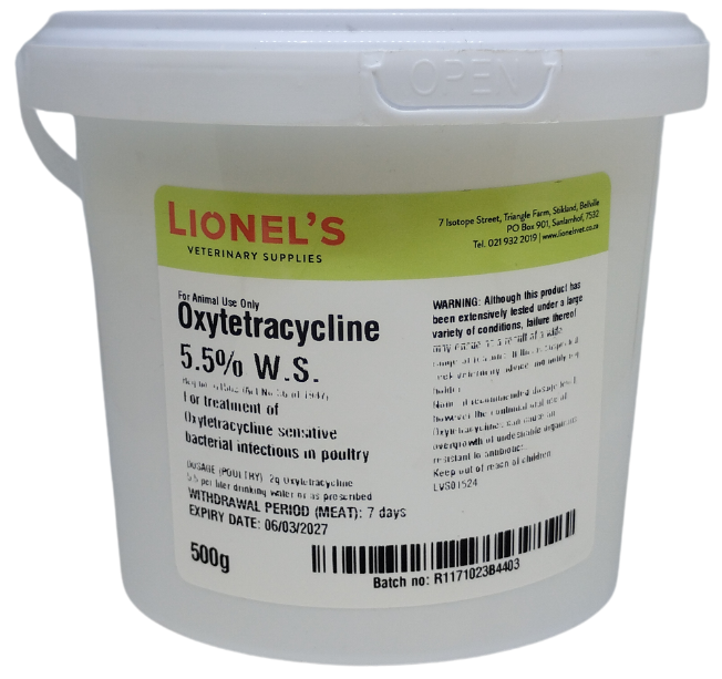 For animal use only. Oral treatment of bacterial infections sensitive to oxytetracycline in poultry. Contents: Oxytetracycline 5.5%. Directions for use: 2g per 1lt of drinking water. Withdrawal period: Meat (7 days).