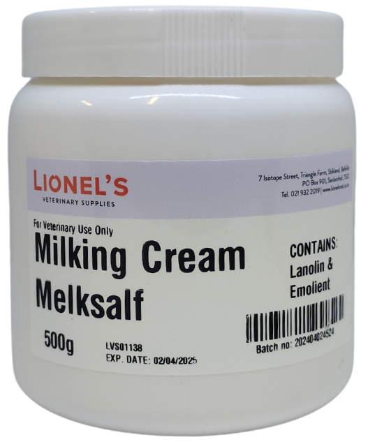 "Moisturiser for cow udders after milking. Prevents dry and cracked udders and teats. Contains: Lanolin; Vitamin E; Emollients. (Preservative: Chlorhexidine) For animal use only. Keep out of reach of children, animals, and uninformed persons. Store in a cool, dry place below 25°C.Directions: After milking, apply liberally to clean and dry udders and teats."