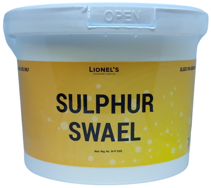 Nutritional feed additive for animals. Contains: Sulphur 99% min. For animal use only. Keep out of reach of children, animals, and uninformed persons. Store in a cool, dry place below room temperature, away from direct sunlight. Withdrawal period: zero (0) days. Feeding recommendation: Use only as directed. Add 2kg sulphur to 45kg of a salt/bonemeal stock lick. Mix thoroughly. Allow grazing stock free access to the lick.